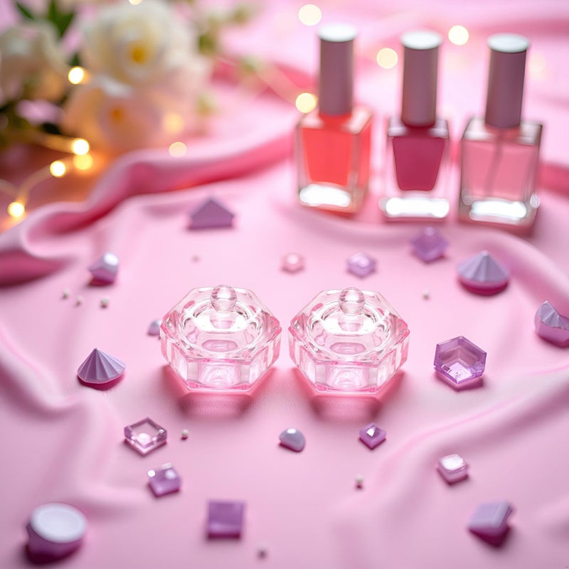 Zhuluck 2 Pcs Pink Glass Nail Art Cups Nail Dipping Jars Nail Dappen Dishes Bowls Nail Powder Holders Nail Liquid Containers with Lid Nail Salon Supplies Hexagon Nail Art Polish Accessories Decoration Kits - Image 3